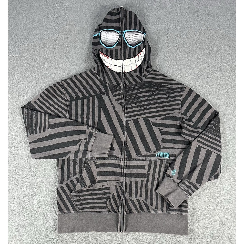 Volcom‎ Hoodie Jacket Small Grey Geometric Y2K Full Face Mask Zip Ryan Sheckler